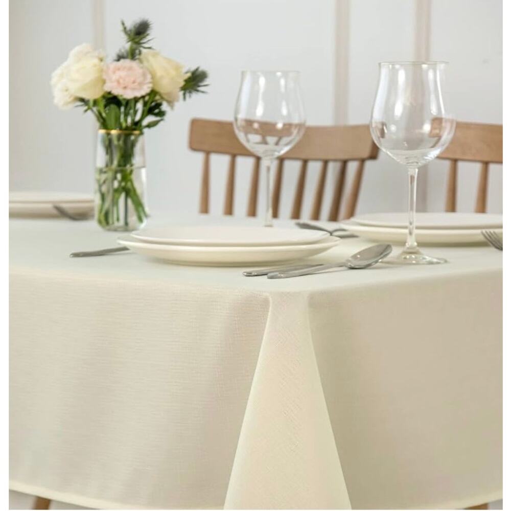 maxmill Ivory Faux Linen Textured 70x70” Tablecloth Water Resistant